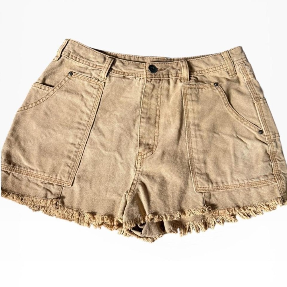 Free People Bobbi + Bricka Tan Carpenter Denim Shorts High Waisted Frayed Hem 8